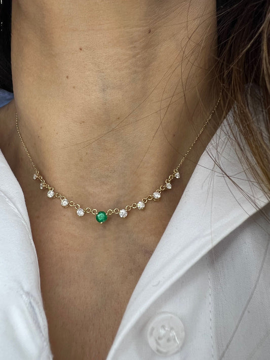 14K Gold Minimalist Emerald And Diamond Necklace