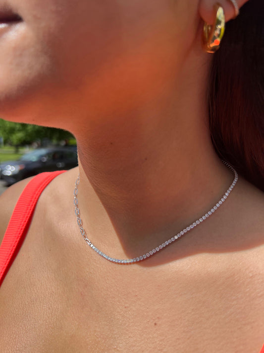 Sterling Silver Half Tennis Half Paperclip Necklace