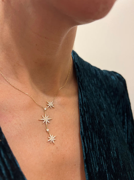 14k Gold Asymmetric Y Shape Drop Star Lariat Necklace