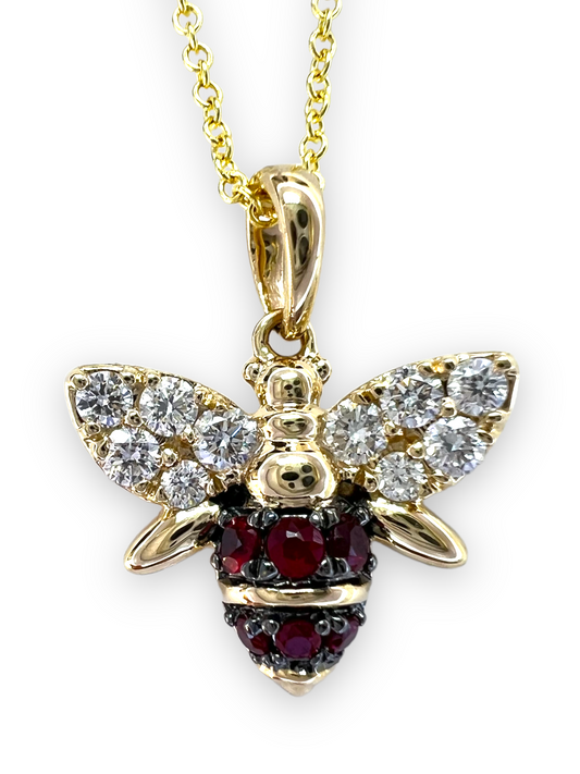 14K Gold Diamond And Ruby Bumble Bee Charm Necklace Pendant